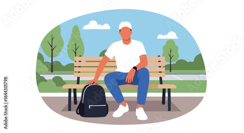 Man sitting park bench with backpack. Young man relaxing on wooden bench outdoors. Person enjoying peaceful moment in nature.