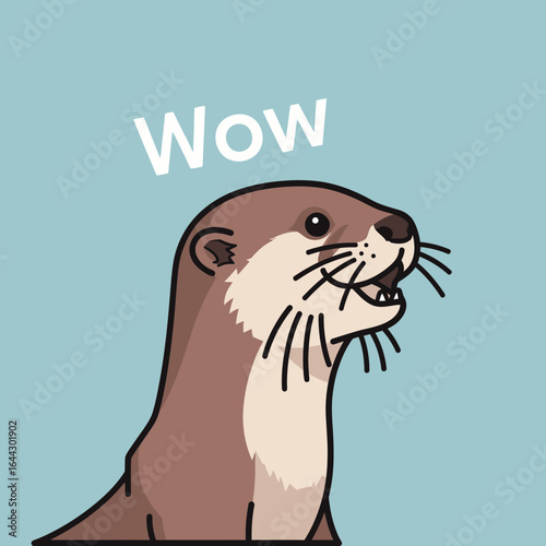 Cartoon otter with mouth open exclaiming "Wow" against blue background.