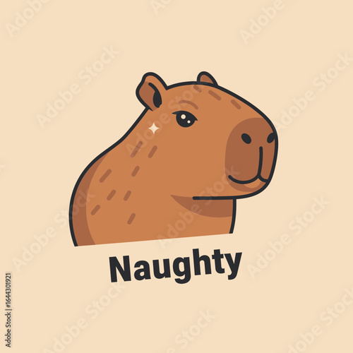 Cartoon capybara with the word naughty below it.
