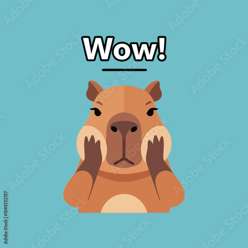 Cute capybara with paws on cheeks saying wow.