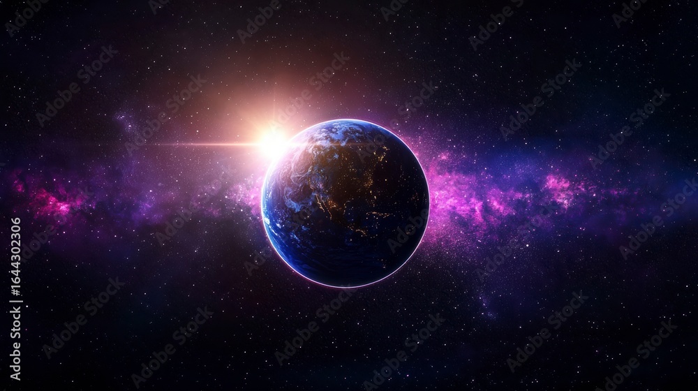 Naklejka premium A breathtaking view of Earth from space with radiant sunlight illuminating its surface against a backdrop of colorful galaxies