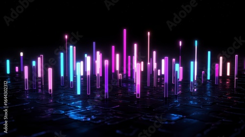 Stunning visual representation of sound waveforms with vibrant neon colors and a reflective black surface setting