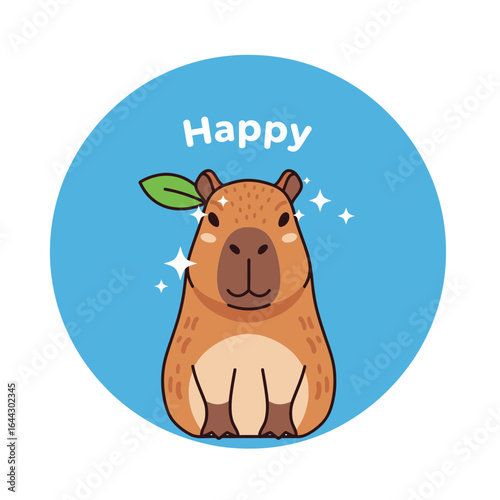 Cartoon capybara with leaf and sparkles on blue background.