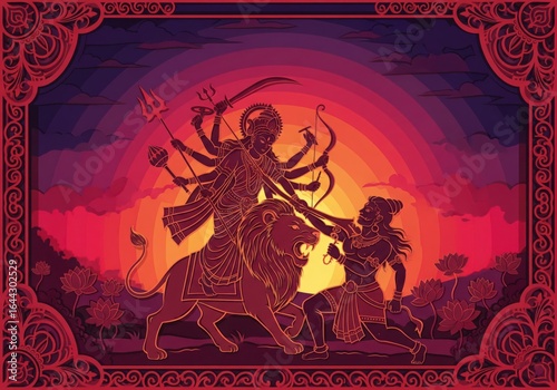 The epic mythological battle of good versus evil: the goddess Durga slaying the buffalo demon Mahishasur, a scene from Durga Puja
