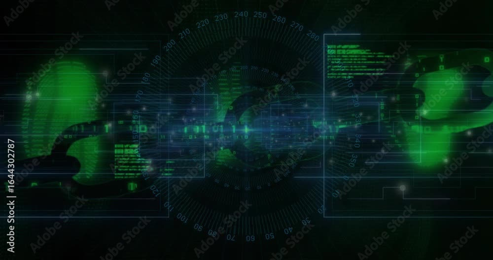 Chain link appearing joining chain rotating streaming data HUD scanning showing blockchain network