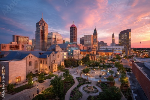 Vibrant sunset casts a warm glow on the eclectic mix of ancient and modern buildings that shape the iconic Indianapolis cityscape skyline.