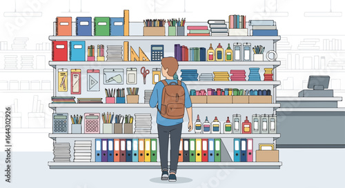 Man shopping for school supplies, a wide selection on shelves in store. Person with backpack choosing school supplies, browsing variety for back to school season, pens, paper, and notebooks.