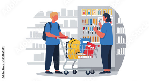 Shoppers in supermarket with products in shopping cart, woman and man standing together. Supermarket customers choosing goods. Supermarket with food and items,