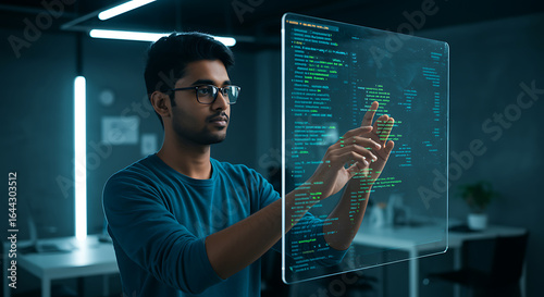 A programmer interacting with a virtual screen displaying code, representing software development, technology innovation, and the future of digital engineering in a modern office