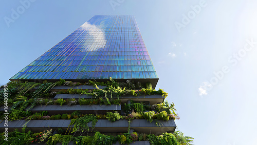 Modern skyscraper with vertical garden and unique glass facade reflecting the sky urban greening in the city architecture design concept