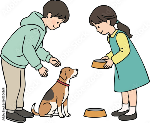 Boy and girl feeding pet dog together with food bowls in casual clothing vector illustration 