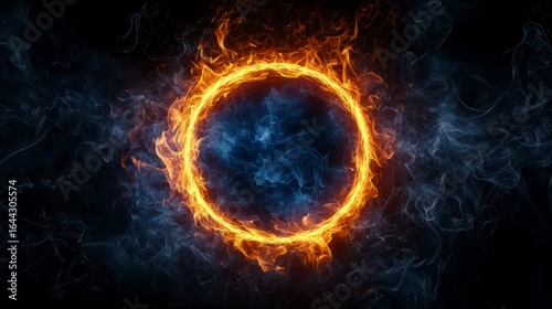 A mesmerizing circular pattern of fiery flames and swirling blue smoke creating an otherworldly effect against a dark background