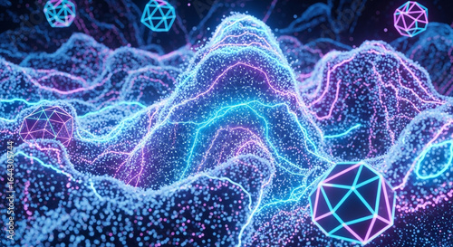 Dynamic digital landscape with glowing neon geometric shapes and abstract data flow