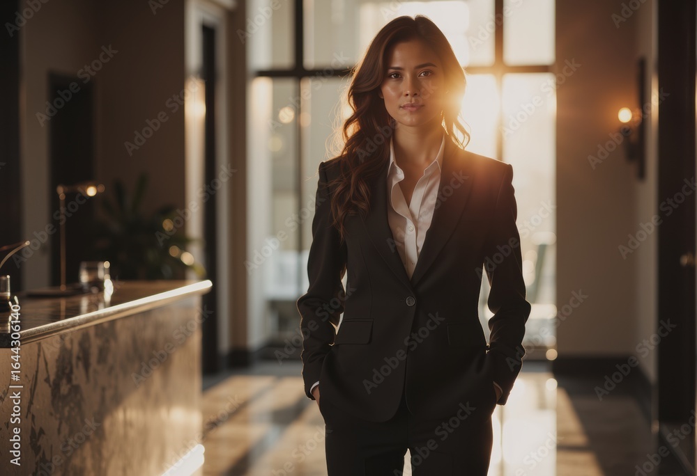 Fototapeta premium Confident woman in a suit, embodying luxury travel consultancy