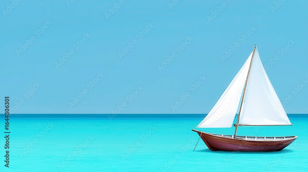 Naklejka premium Serene wooden sailboat floating on tranquil turquoise waters under a clear blue sky, embodying peace and relaxation
