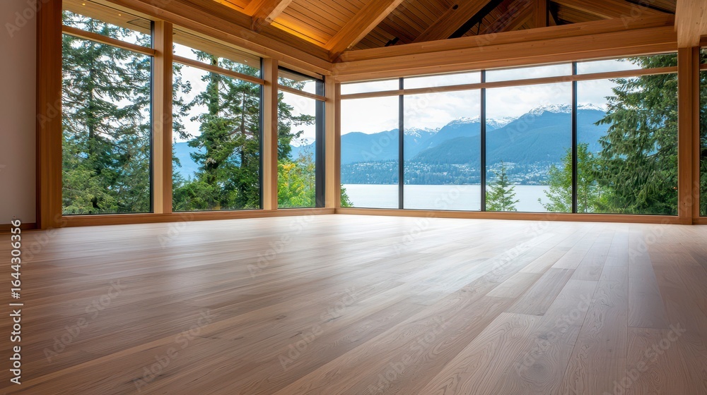 Fototapeta premium Spacious and modern living room with panoramic windows overlooking a serene lake and majestic mountain range