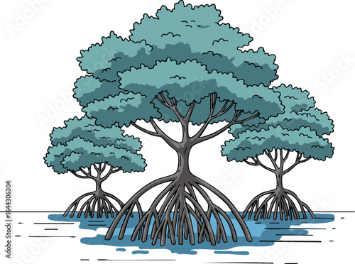 Mangrove trees with aerial roots growing in water ecosystem vector illustration natural coastal environment 