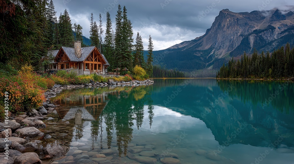 Naklejka premium Emerald Lake in Yoho National Park with clear water, cabin, and mountains during the daytime