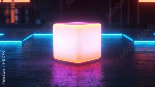 Glowing neon cube in a dark futuristic setting with vibrant lights capturing an ethereal ambiance and modern design elements.