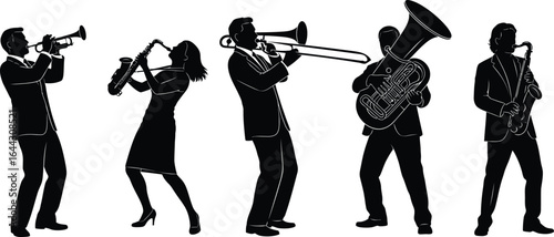 Marching band instruments. Piano, black trumpet players, brass band, trombone editable vector silhouettes illustration 