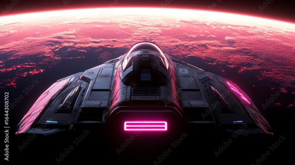 Obraz premium A futuristic spacecraft soaring above a breathtaking alien planet bathed in vibrant pink hues and cosmic wonders