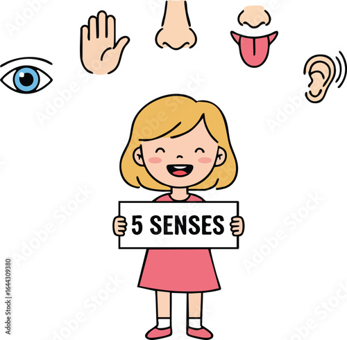 Five senses concept with girl holding sign and facial sensory organs illustration vector educational design 