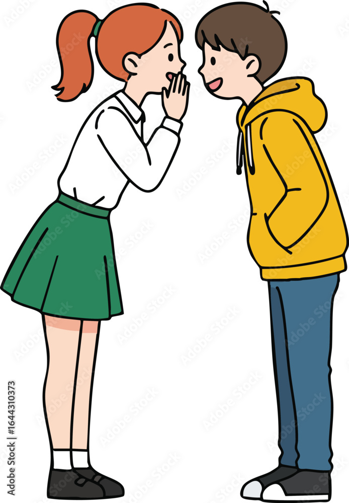 Young girl whispering secret to smiling boy in casual clothes friendly communication vector illustration Young girl whispering secret to smiling boy in casual clothes friendly communication vector illustration