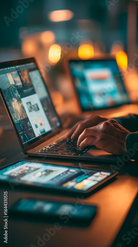 A person browsing the web on multiple devices, including a laptop, tablet, and smartphone, symbolizing connectivity and digital access.