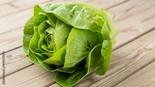 Fresh Green Lettuce Head on Wooden Surface