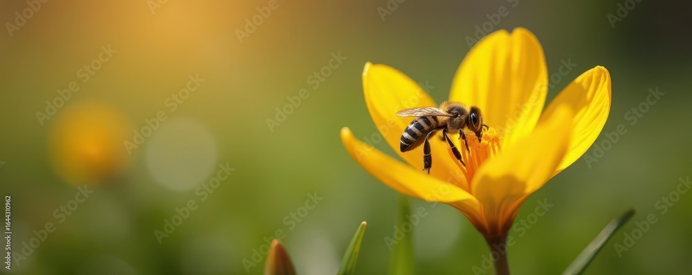 Obraz premium busy bee collecting nectar from a single yellow crocus, pollination, outdoors, nature