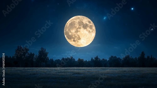 Large, bright moon hangs low in the night sky above a field and treeline