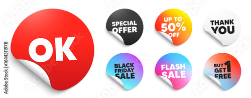 OK red sticker tag. Special offer paper price tags. OK text tag. Approved okay message. Done or Good deal symbol. Discount, black friday sticker. Promo banner. Vector