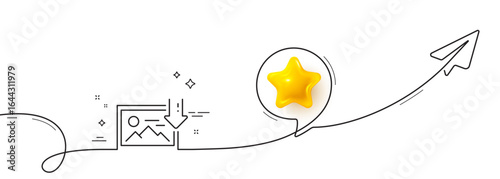 Download photo line icon. Continuous line with share plane. Image thumbnail sign. Picture placeholder symbol. 3d star in speech bubble. Download photo single line ribbon. Loop curve pattern. Vector
