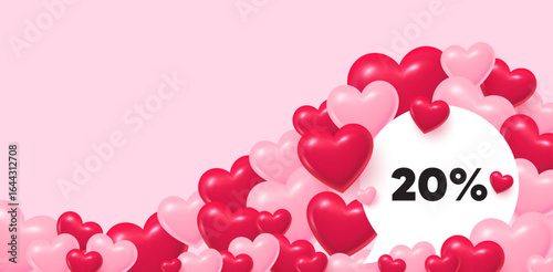 Discount speech bubble. 3d hearts love background. 20 percent off sale tag. Discount offer price sign. Special offer symbol. Valentines day greeting card. Cute 3d hearts. Vector