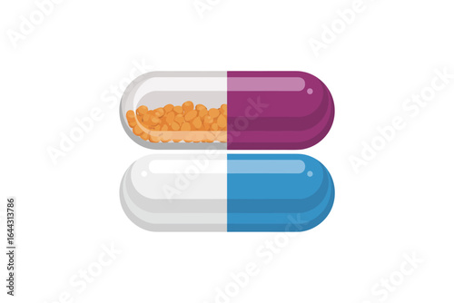 Two colorful capsules one with orange granules and the other blue