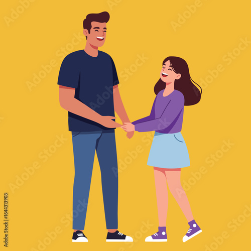 Young couple holding hands and smiling together in casual clothing on yellow background vector illustration 