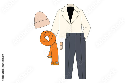 Stylish winter outfit with cream jacket orange scarf and gray pants