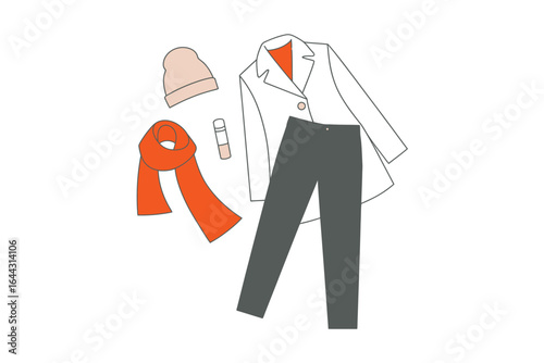 Stylish outfit flat lay with coat pants scarf and hat