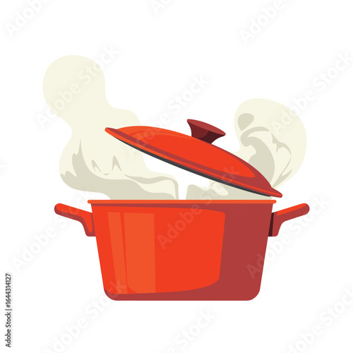 Steaming red pot with open lid and cauliflower inside