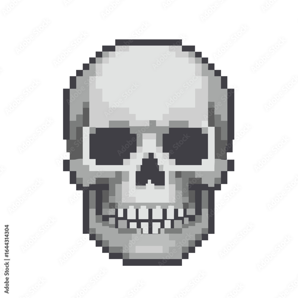 Fototapeta premium Pixel art skull in grayscale with detailed features, transparent background, isolated, vector 