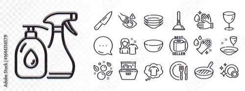 Cleaning liquids, Dish and Clean dishes line icons for web app. Glare of light effect. Message icon. Pack of Bowl dish, Dont touch, T-shirt pictogram icons. Dishwasher, Grill pan, Glass signs. Vector