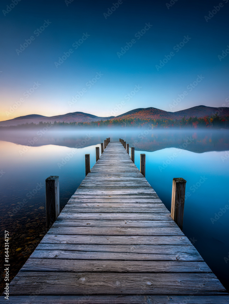 Fototapeta premium A wooden dock extends into a tranquil lake, mist curling from the surface in the warm sunrise light. Photorealistic detail captures the quiet beauty of the moment.
