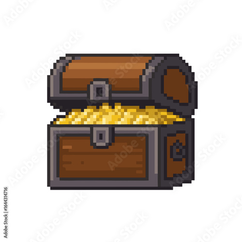 Pixel art treasure chest overflowing with gold coins, transparent background, isolated, vector 