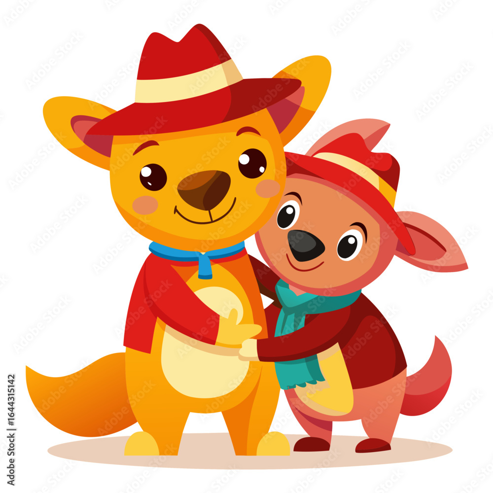 Fototapeta premium Warm Friendly Hug Between Two Australians with Iconic Outfits Vector Illustration