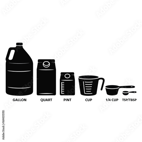 Collection of kitchen measuring containers and jugs in black silhouette