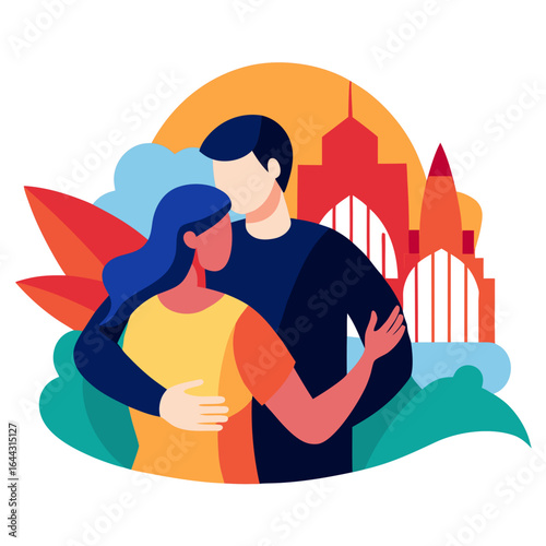 Realistic Hug Between Two People with Australian Landmark Silhouette Background Vector