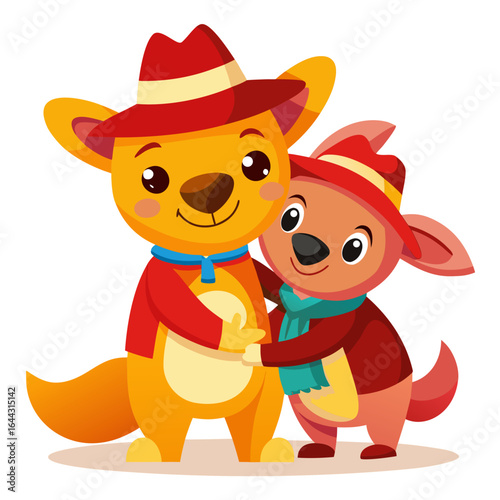 Warm Friendly Hug Between Two Australians with Iconic Outfits Vector Illustration

