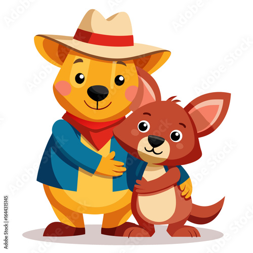 Warm Friendly Hug Between Two Australians with Iconic Outfits Vector Illustration

