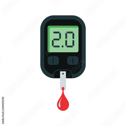 Close up of a blood glucose meter with a blood drop on a test strip