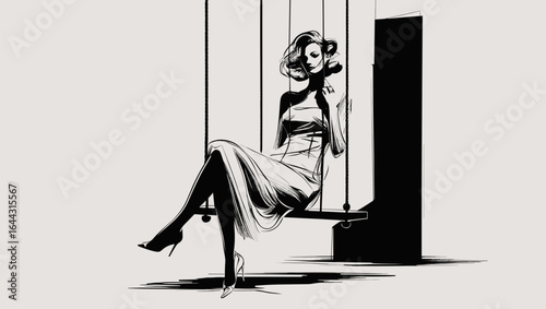 Woman sitting on swing in minimalist black and white illustration  